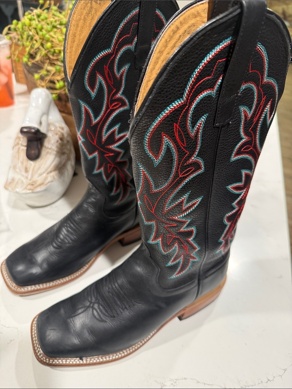 Macie Bean Black Cowboy Boots with Red White & Blue Stitching Little Black Boot